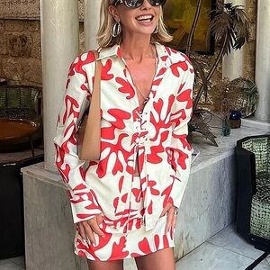 Commense Print Front Tie Zipper Skirt Set